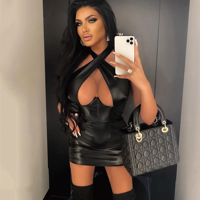 Voguable  Pu Leather Faux Halter Hollow Out Slip Sleeveless Mini Dress Solid 2022 Fall Bodycon Evening Party Elegant Vestidos voguable