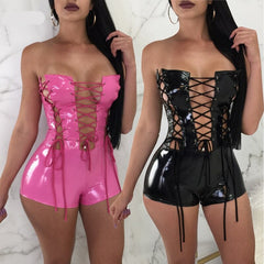 Voguable Sexy PU Leather Lace Up Strapless Bodycon Playsuits Women Summer Streetwear Night Party Club Tube Jumpsuit Pink Black Romper voguable
