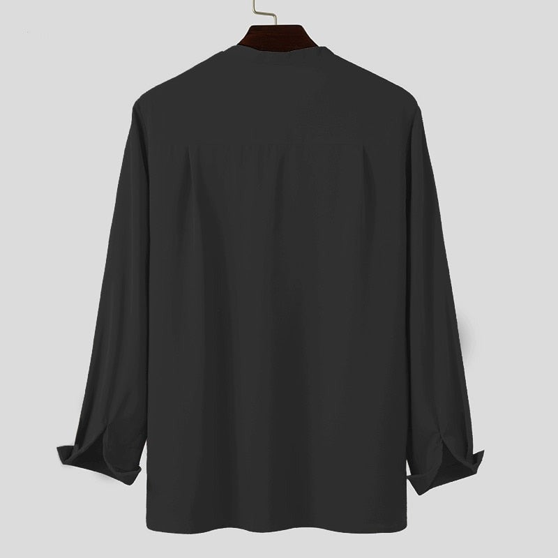 Voguable Fashion Men Brand Shirt Solid Long Sleeve V Neck Chic Button Casual Blouse 2021 Streetwear Korean Style Shirts Camisas voguable