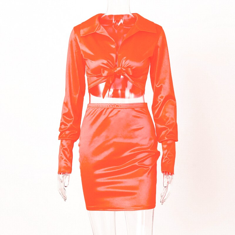 Voguable   2022 long sleeve satin V-neck wrapped crop tops skirt 2 pieces set autumn winter women pure pink party streetwear track voguable