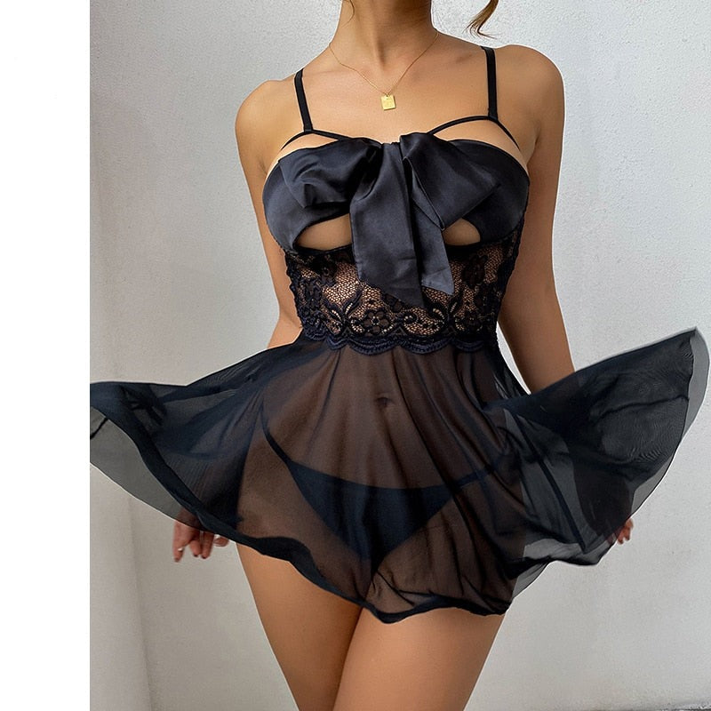 Voguable  Sensual Lingerie Sexy Sleepwear Hollow Out Bow Exotic Costumes Transparent Porn Lace Babydoll Exotic Sets Nightgown voguable