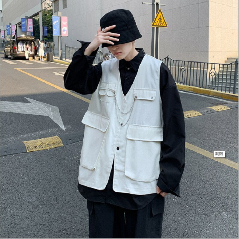Mens Fashion Tooling Vest Men Streetwear Cargo Vest Hip Hop Sleeveless Jacket Gilet Military Multi-Pocket Outdoors Coat voguable