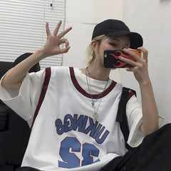 Shirt Basketball uniform two-piece student summer Korean retro all-match t-shirt loose O-neck letters sleeveless vest cool lover voguable