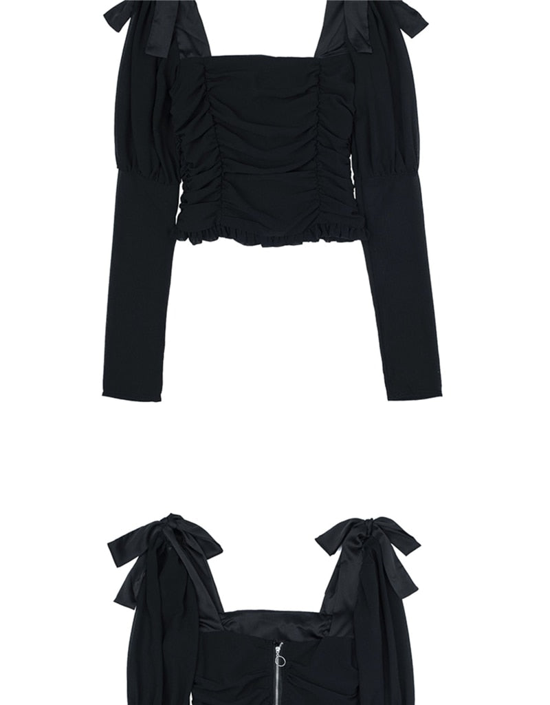 Voguable 2022 Elegant Square Collar Women Spring Shirts Solid Color Puff Sleeve Slim Blouses Crop Tops Ladies Sexy V-neck Long Sleeve Shirt voguable