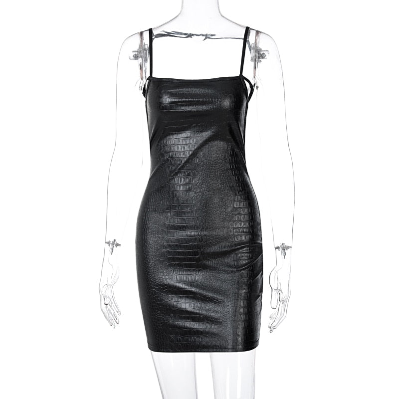 Voguable 2022 Sleeveless Solid Slash Neck Pu Leather Backless Sexy Mini Dress Autumn Winter Women Fashion Party Club Clothings voguable