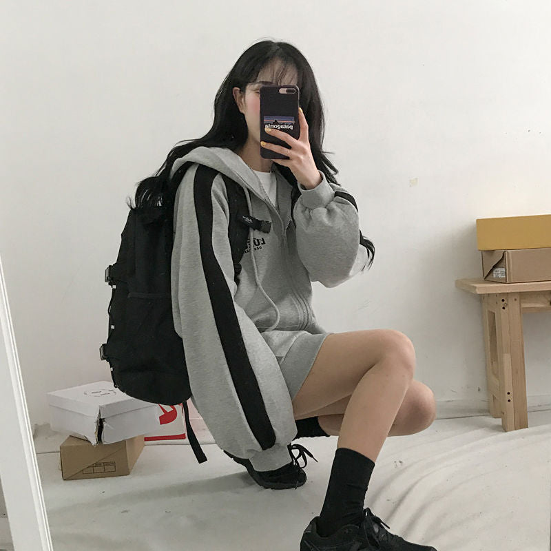 VOGUABLE  Women Hoodies Harajuku Korean Version Zip Up Loose Oversized Sweatshirts Casual Solid Color Long Sleeve Hooded Sweatshirt Coats voguable