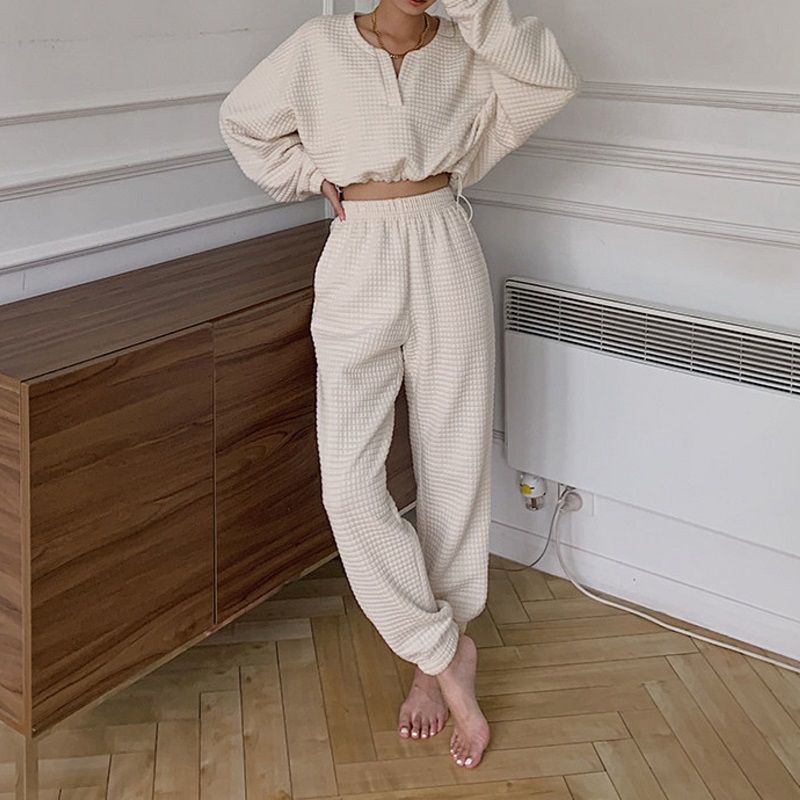 New Leisure Suit High Waist Pant Solid Loose Joggers Female Casual Two Piece Tracksuit Suit Fashion Plaid Chic Cropped Pullovers voguable
