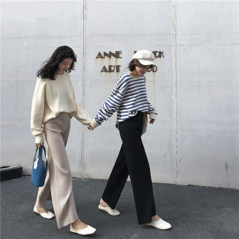 2022 new casual straight pants  women female drawstring loose high waist knitted wide leg pants casual Trousers voguable