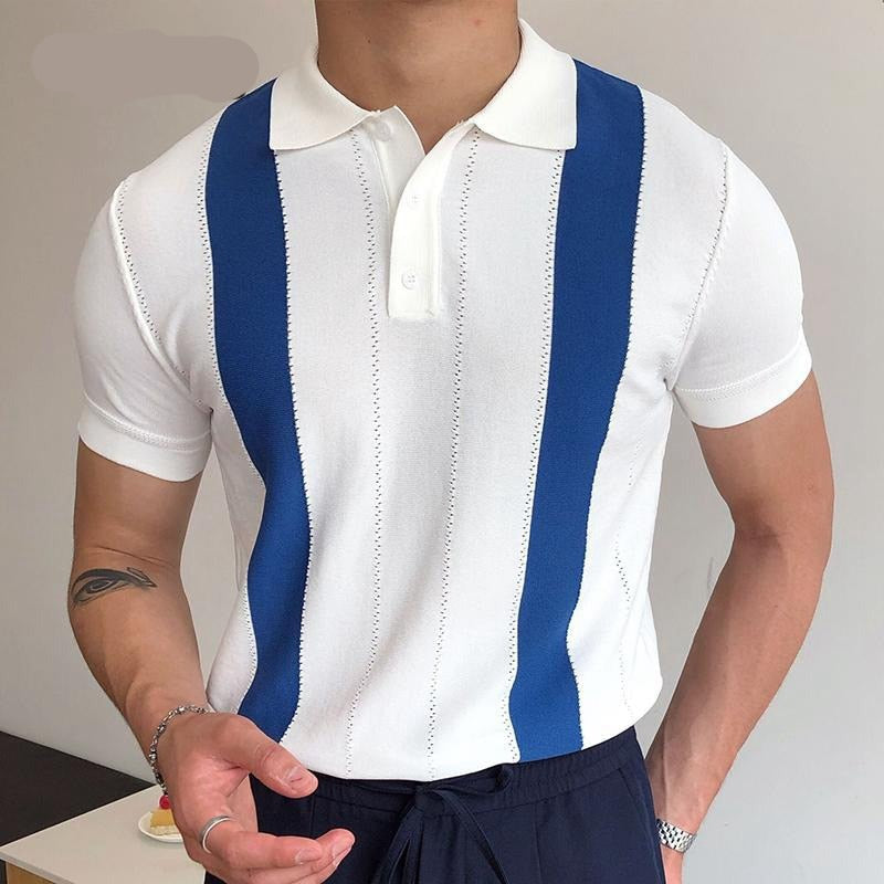 Voguable Fashion Striped Patchwork Slim Polo Shirts For Men 2022 Summer Short Sleeve Casual Tops Men's Button Turn-down Collar Polo Shirt voguable