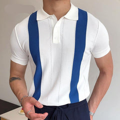 Voguable Fashion Striped Patchwork Slim Polo Shirts For Men 2022 Summer Short Sleeve Casual Tops Men's Button Turn-down Collar Polo Shirt voguable