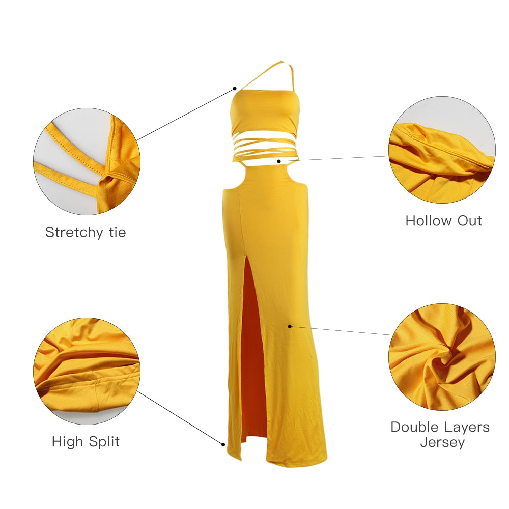 Strapless Crop Top and Long Dress Two Piece Set Yellow Women Summer Outfits Slit Party Club Vacation Beach Maxi Dress voguable