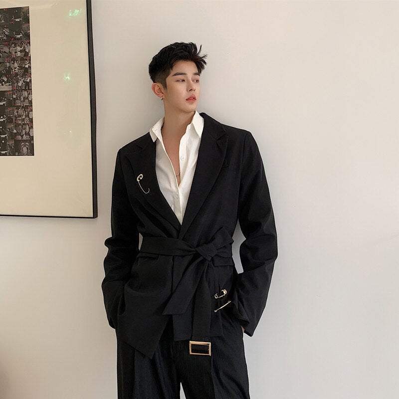 Voguable   2022 New Fashion Men's Boxy Suit Jacket with Belt Casual Slim Fit Blazer for Male Inspired Pin Korean Style Handsome Suits Coat voguable