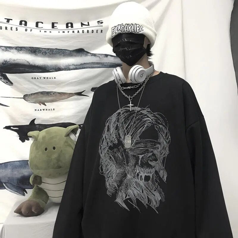 Voguable Retro dark printed sweatshirt for couples to wear loose black long sleeve top fashionable wide Songyuan night style album top voguable