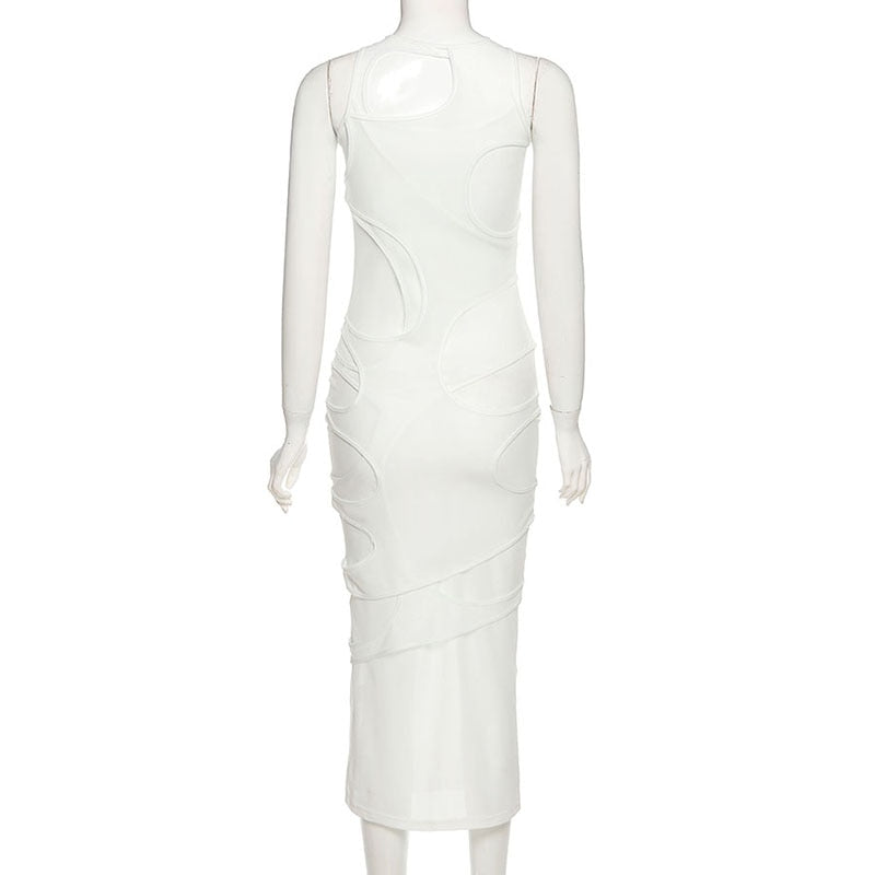 Sleeveless O-Neck Solid Patchwork Mesh Maxi Dress Autumn Winter Women Fashion Sexy Party Club Elegant Clthings voguable