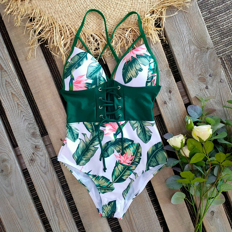 Voguable 2022 New Abdomen Control Wasit Push Up Swimsuit Print Swimwear Vintage Retro Bathing Suits Bodysuit Beach Wear Backless XXL voguable