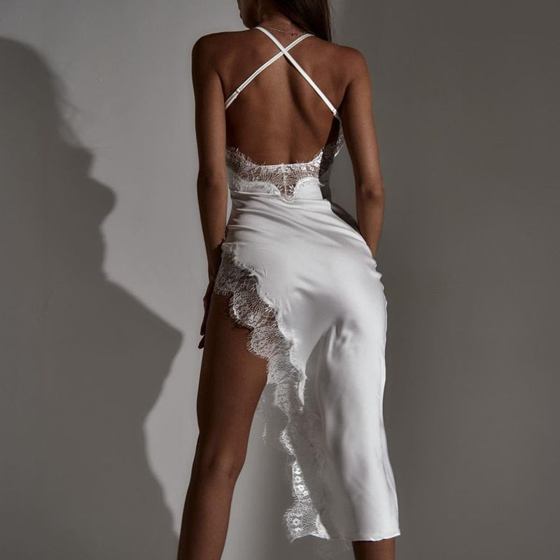 Voguable  Satin Solid Halter Bandage Backless Lace Sexy Irregular Maxi Dress 2022 Spring Sexy Evening Party Elegant Robe voguable