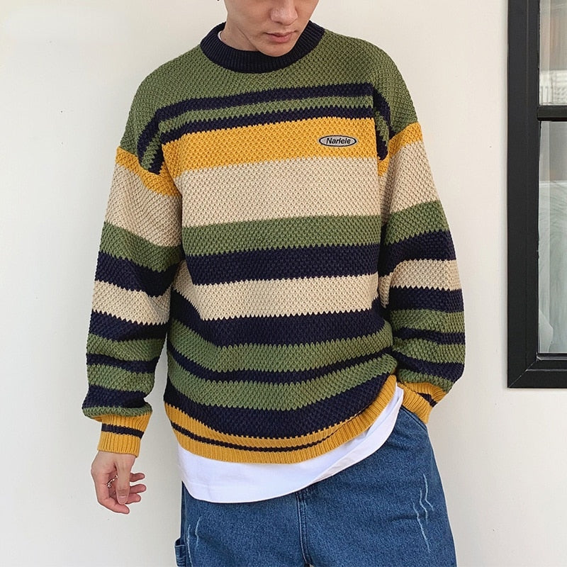 Voguable 2022 Winter Men And Women's ins All-match knitwear Pullover Striped Patchwork Panelled Warm Sweaters Soft All-match Retro Harajuku Trendy Male Chic Streetwear Fall Tops voguable