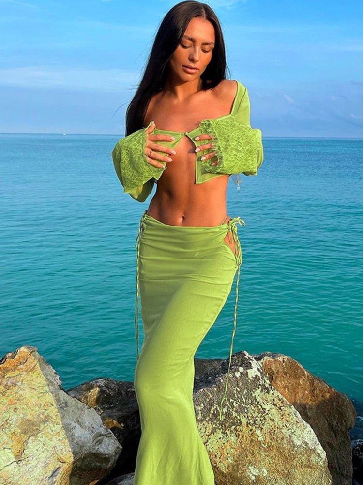 Elegant Fashion Long Sleeve See Through Cutout Cropped Cardigan Maxi Skirt 2 Pieces Sets Outfits Women Dress Sets voguable