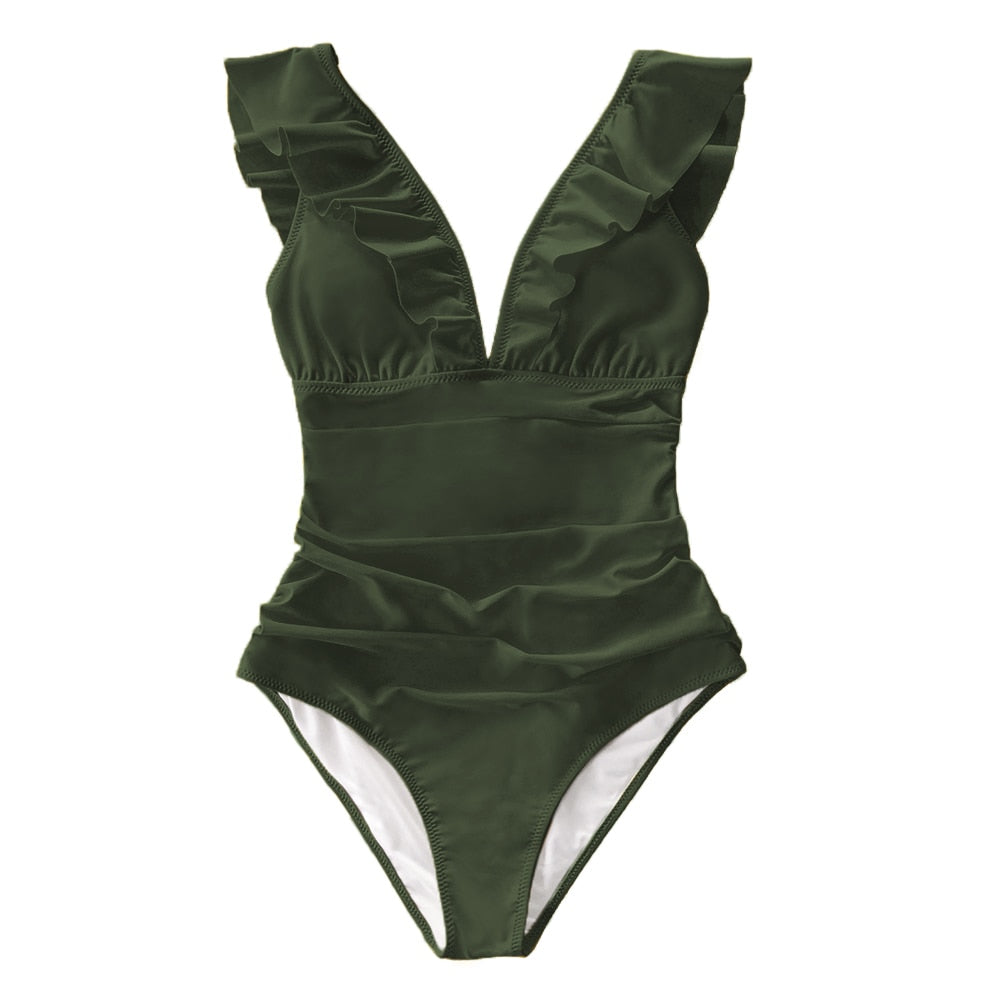 Voguable  Solid Black Ruffled One-piece Swimsuit Women Sexy Lace Up Monokini Swimwear 2022 New Girl Beach Bathing Suits voguable
