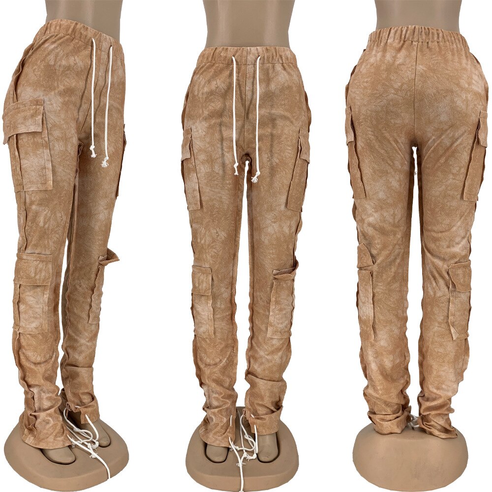 Multi Pocket Drawstring Stacked Sweatpants Street Style Tie Dye Cargo Pants Y2k Clothes Women 2021 Trousers voguable