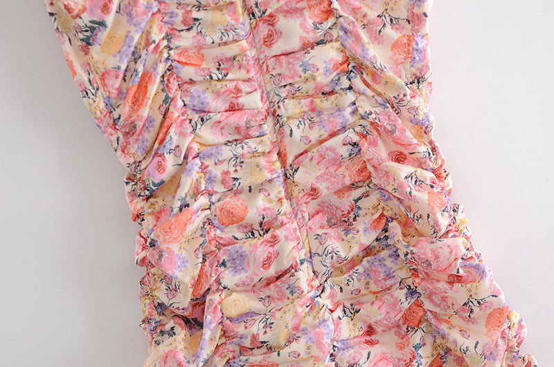 Voguable  Sweet Floral Print Sling Sexy Dress Women Chic Lace Trim V Neck Sleeveless Draped  Bodycon Mini Dress Party Robe Femme voguable