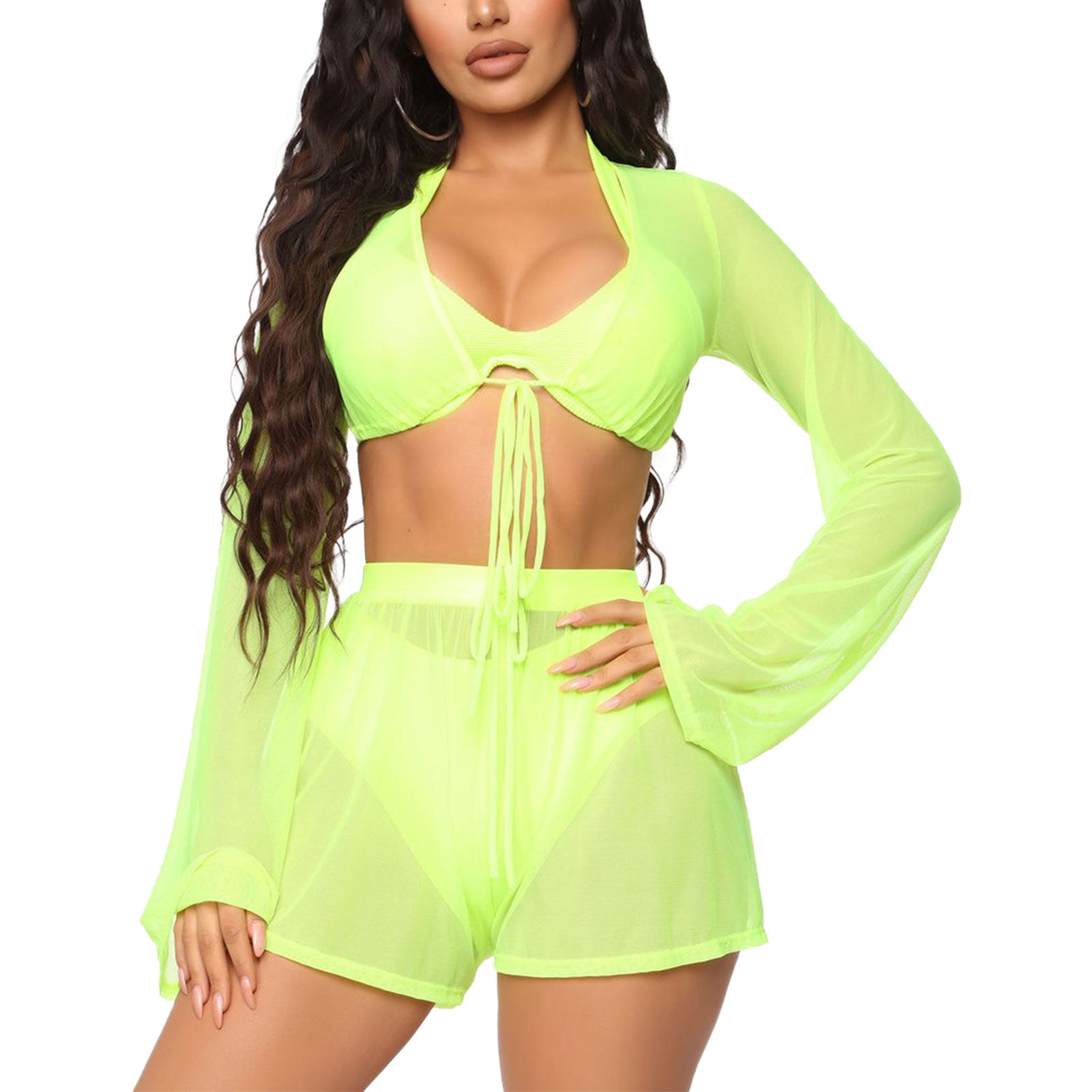 Voguable  2pcs Women Long Sleeve Cover-ups Sets Bikini Cover Up Summer Ladies Sexy Top + Swim Shorts Beach Ladies Swimsuits Bathing Suit voguable