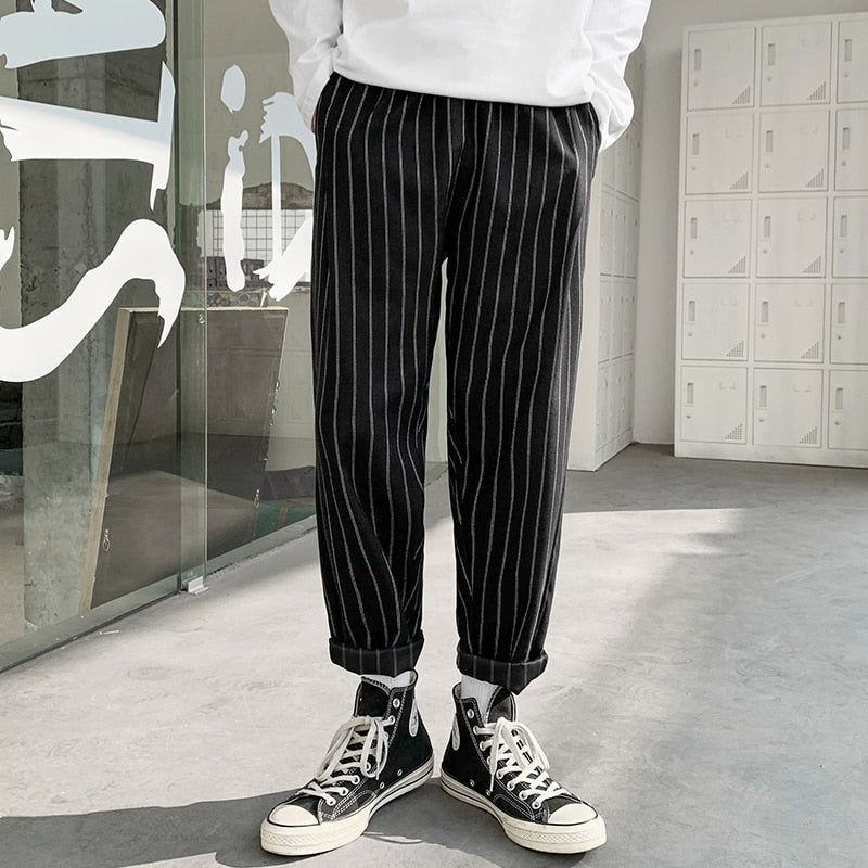 Voguable Korean Striped Harem Pants Men's 2021 Streetwear Man Casual Loose Japanese Men Black Gray Retro Plaid Harajuku Punk Pants voguable