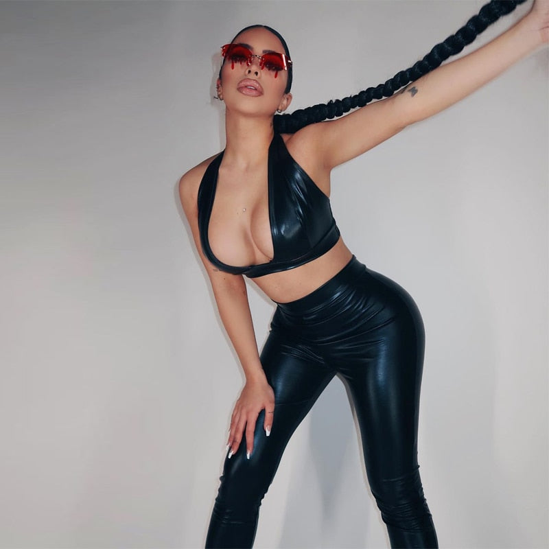 Voguable   Sleeveless Solid Pu Leather Backless Bra Top Leggings 2 Pieces Set Autumn Winter Women Sexy Streetwear Tracksuit voguable