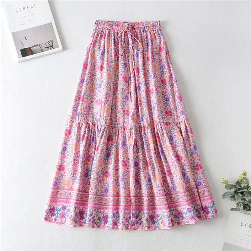 Vintage Chic Fashion Women Pink Floral Print Split Beach Bohemian Skirt High Elastic  A-Line Boho Rayon Maxi Skirts Femme voguable