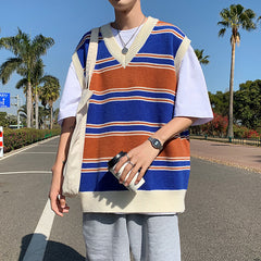 Voguable Sweater Vest Men's Fashion Retro Casual V-neck Sweater Vest Men Streetwear Korean Loose Vest Sweater Pullover Mens Clothes M-2XL voguable