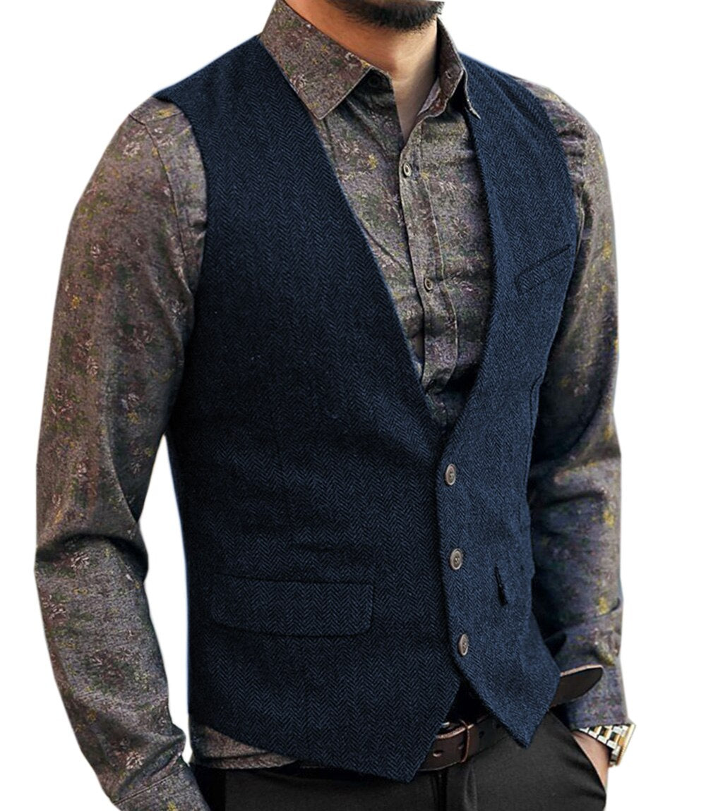 Voguable Men's Vest Suit Boutique Wool Tweed Slim Fit Leisure Cotton Male Gentleman Beckham Business Waistcoat For Wedding Groomsmen voguable