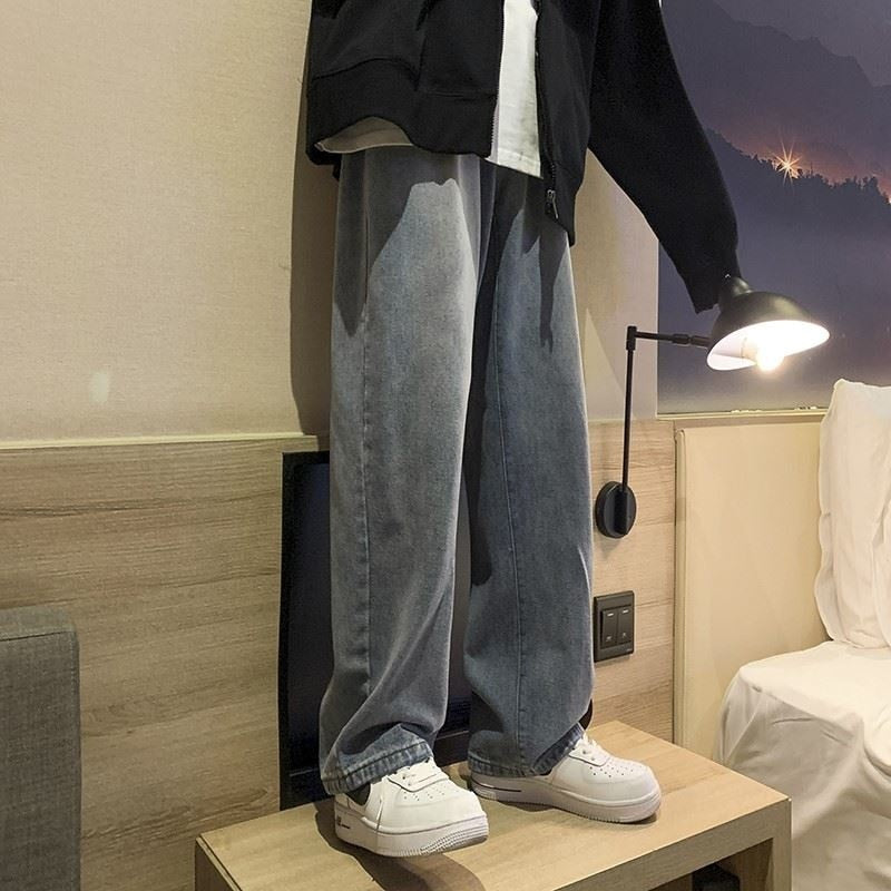 Voguable  Black jeans men men's loose straight tube summer thin fashion brand ins wide leg mop dad pants ruffian handsome falling feeling voguable