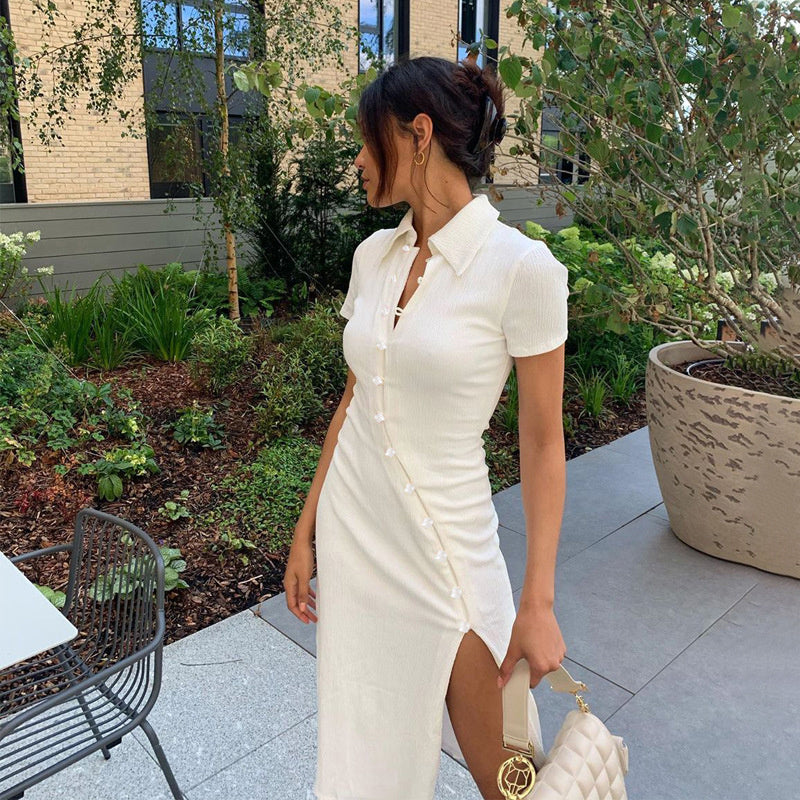 Button Women's Bodycon Dress White Sexy Slim Single Breasted Turndown Collar Summer Dress Casual Split Midi Dress Streetwear voguable