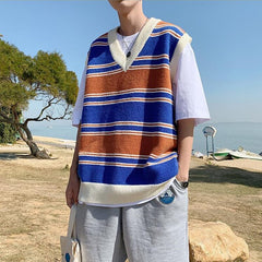 Voguable Sweater Vest Men's Fashion Retro Casual V-neck Sweater Vest Men Streetwear Korean Loose Vest Sweater Pullover Mens Clothes M-2XL voguable