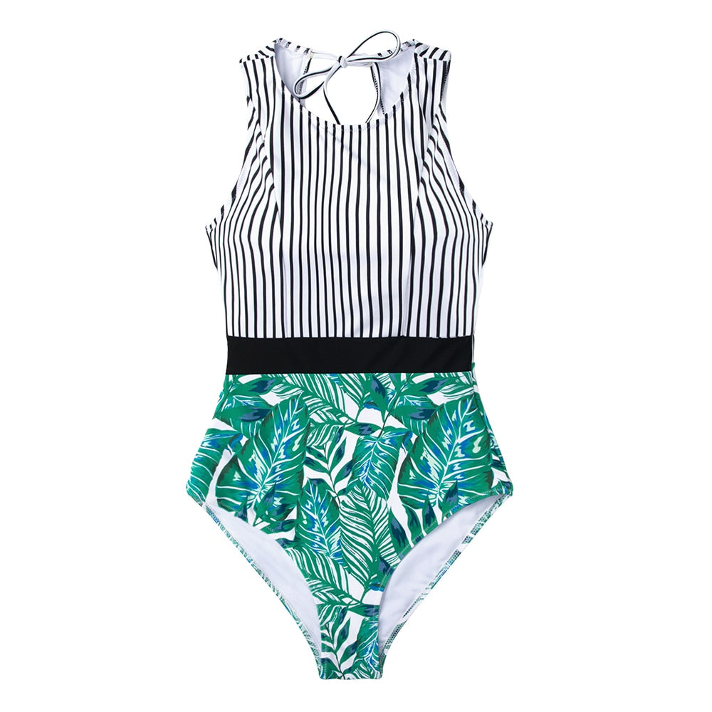 CUPSHE Black Striped And Green Leaf One-piece Swimsuit Women Sexy Cutout Monokini Bathing Suits 2022 New Girl Beach Swimwear voguable