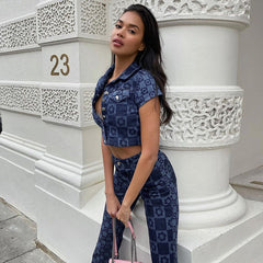 Voguable 2022 Short Sleeve Plaid Button Tshirt Leggings 2 Piece Matching Sets Summer Women Streetwear voguable
