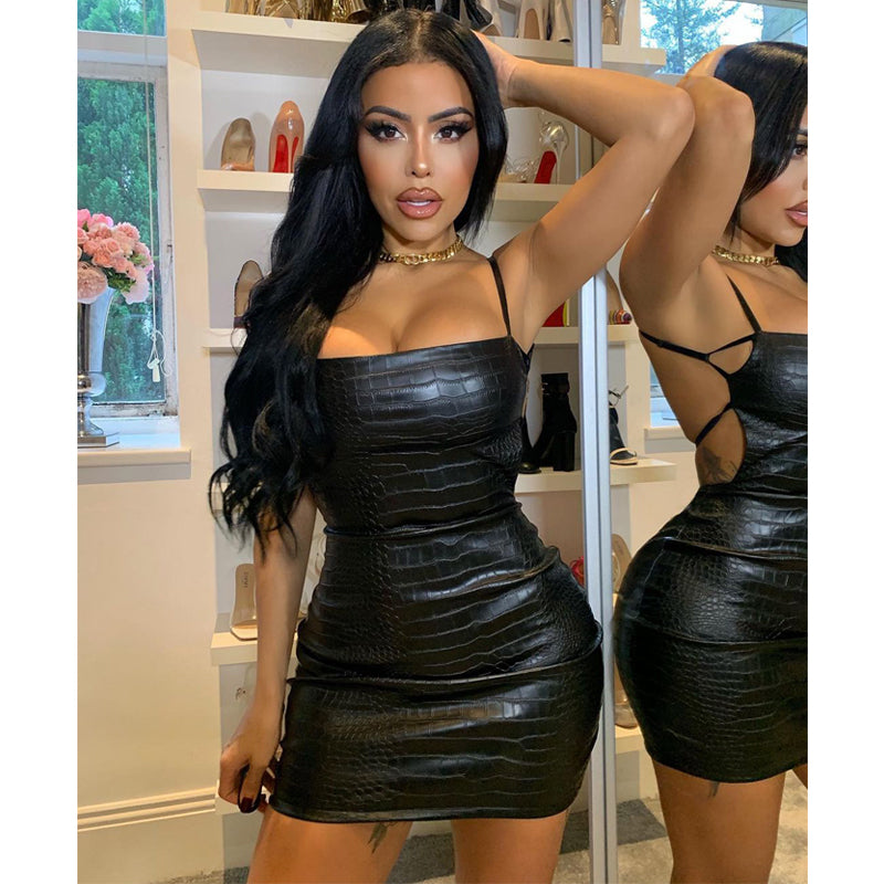 Voguable 2022 Sleeveless Solid Slash Neck Pu Leather Backless Sexy Mini Dress Autumn Winter Women Fashion Party Club Clothings voguable