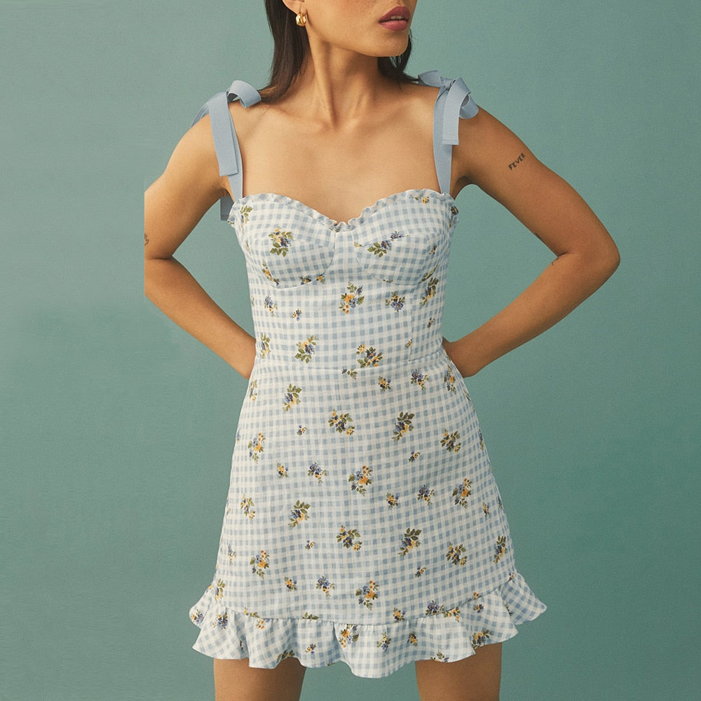 Casual Dresses For Women Elegant Sweetheart Neck Sleeveless Tie Strap Summer Dress Floral Print Plaid Ruffle Hem Mini Dress voguable
