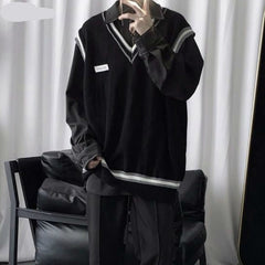 Voguable Sweater Vest Men V-neck Patchwork Leisure Loose All-match Streetwear Sleeveless Sweaters Mens Chic Korean Style Teens Couples BF voguable
