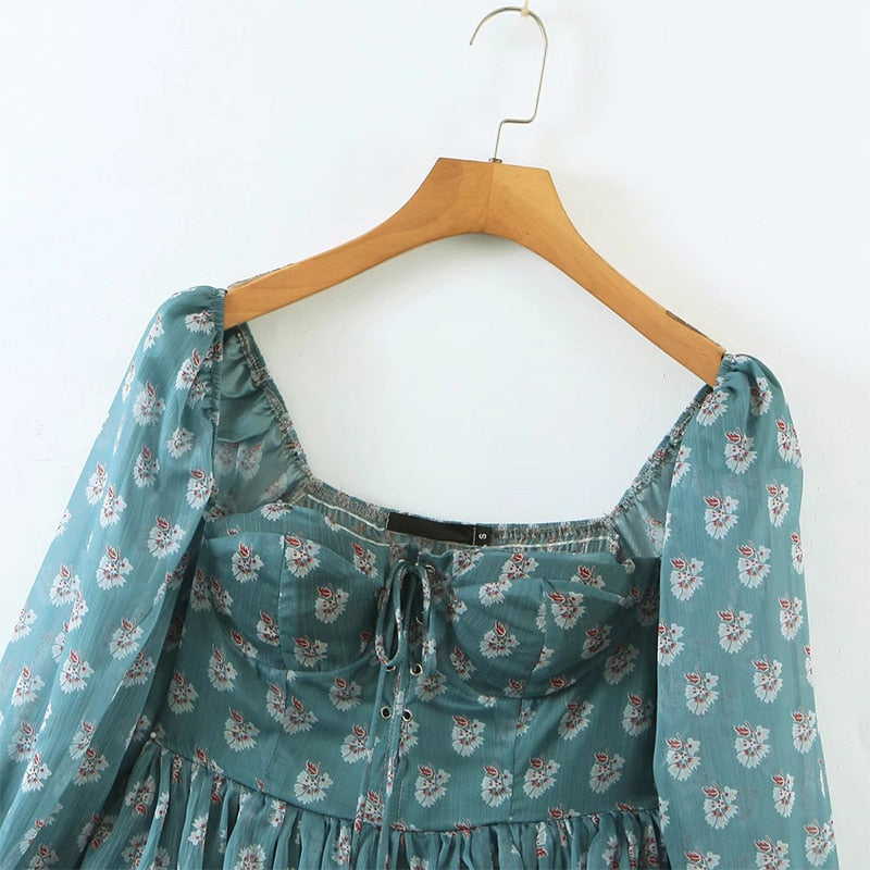 Voguable  Summer Women Floral Print Ruffle Cake Chiffon Dress Sexy Collar Long Sleeve Holiday Vintage Dress Ladies Short Robe voguable
