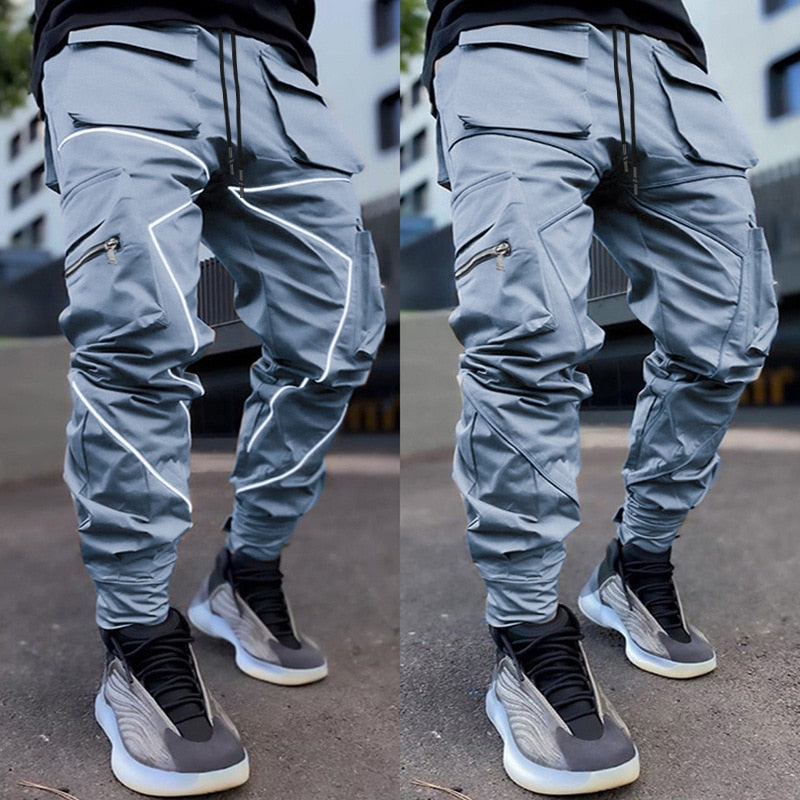 Voguable Mens Casual Cargo Pants Loose Plus Size Striped Multi Pocket Sports Fitness Hip Hop Jogger Trousers voguable
