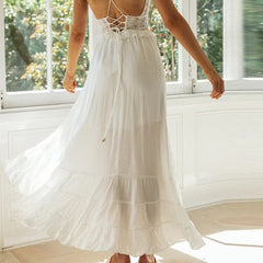 White Cotton Spaghetti Strap Maxi Dress Sexy Deep V-neck Backless Summer Women Beach Dress Casual Stitching Ruffle Dress voguable