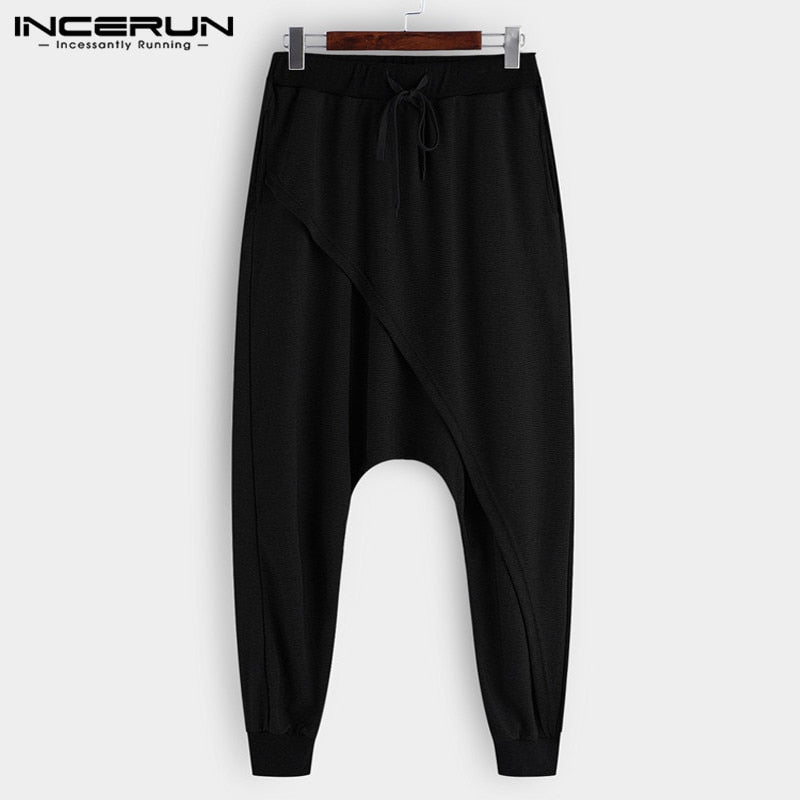 INCERUN 2022 Men Harem Pants Elastic Waist Streetwear Drop-crotch Trousers Men Baggy Fashion Punk Style Joggers Casual Pants 5XL voguable
