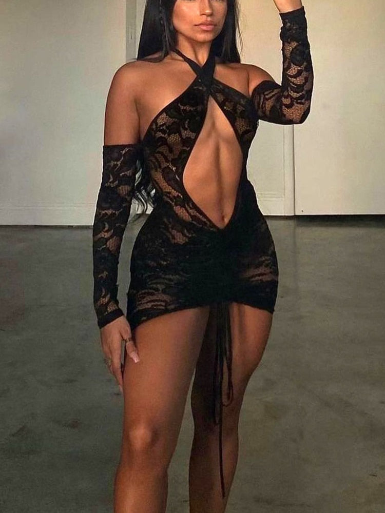 Voguable Lace Up Drawstring Ruched Women Halter Lace Mini Dress 2022 Hollow Out Backless Bodycon Sexy Streetwear See Through voguable