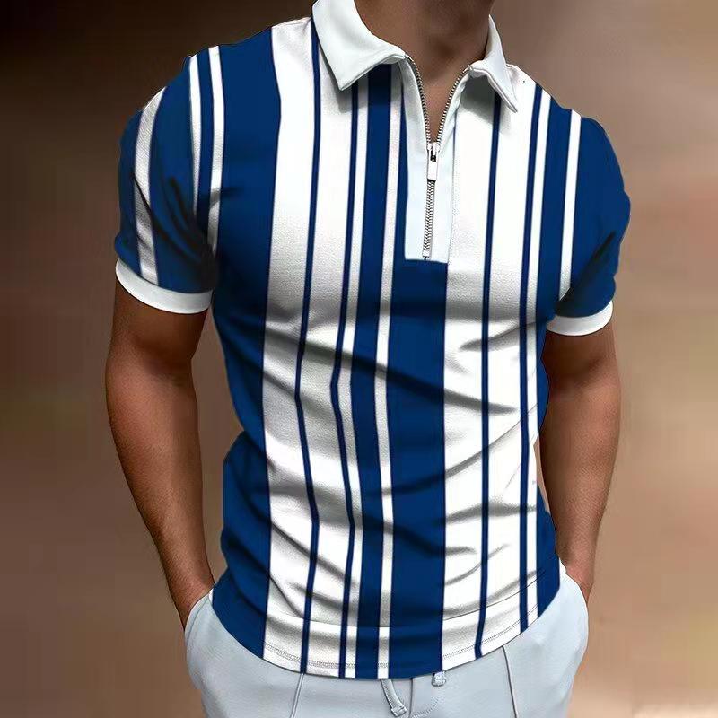 Voguable 2021Men Tshirts  Stripe Short Sleeve Polo Shirts Streetwear Mens Clothing Slim Zipper Neck Turn Down Collar Graphic T Shirt Tops voguable