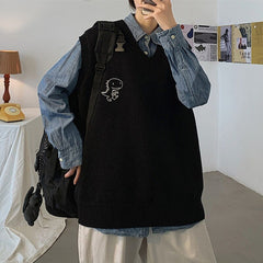 Men Printed Sweater Vests Loose Knitted Students Unisex Couple Daily All-match Fashion Leisure Males Jumpers Outwear Soft Chic voguable