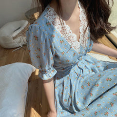 Vintage Floral Dress Women Elegant Lace Chiffon Korean Party Dress Puff Sleeve V Neck Midi Dress Fall Dresses for Women New voguable