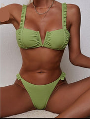 Peachtan Green bikini 2021 Ruffle swimsuit women V-neck 2 pieces set Low waist swimwear female Sexy bathing suit biuqini summer voguable
