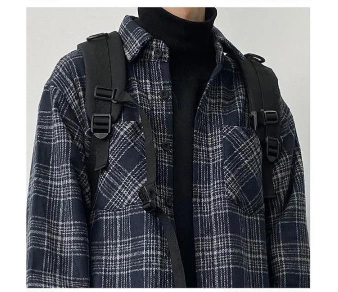 Voguable Japanese Fashion Retro Woolen Tooling Plaid Shirt for Men Cotton Turn-down Collar Buttons Long Sleeve Loose Casual Harajuku voguable
