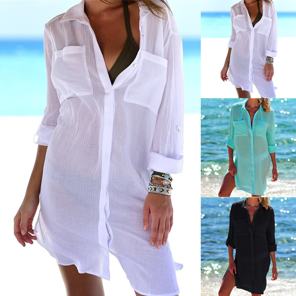 Voguable  Summer Sexy Women Beach See-through Sundress Long Sleeve Shirt Dress Bikini Cover-Ups Lady Swimwear Cover-Ups Beachwear voguable
